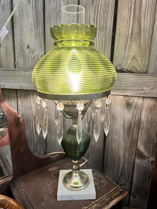 PAIR OF VINTAGE GREEN HURRICANE GLASS LAMPS