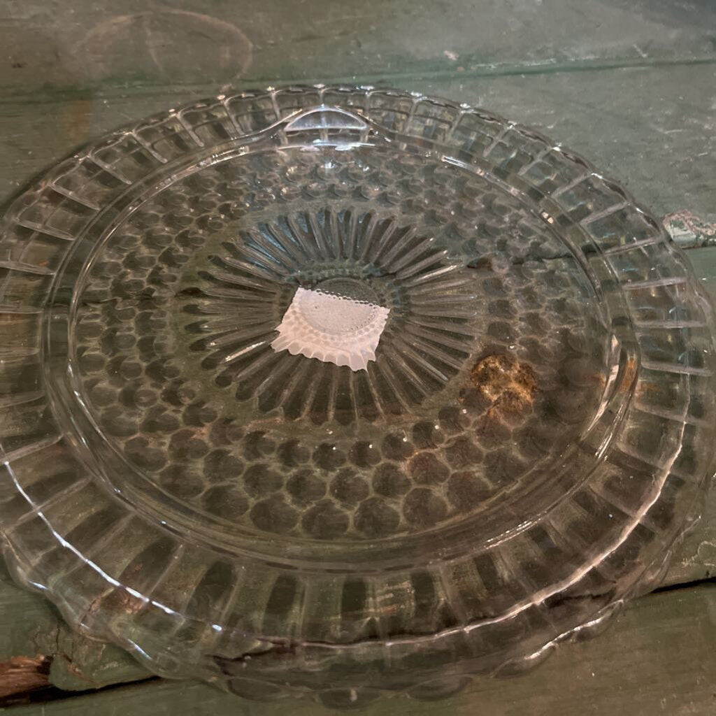VINTAGE CLEAR FEDERAL GLASS FOOTED CAKE PLATE POLKA DOT SUNBURTS