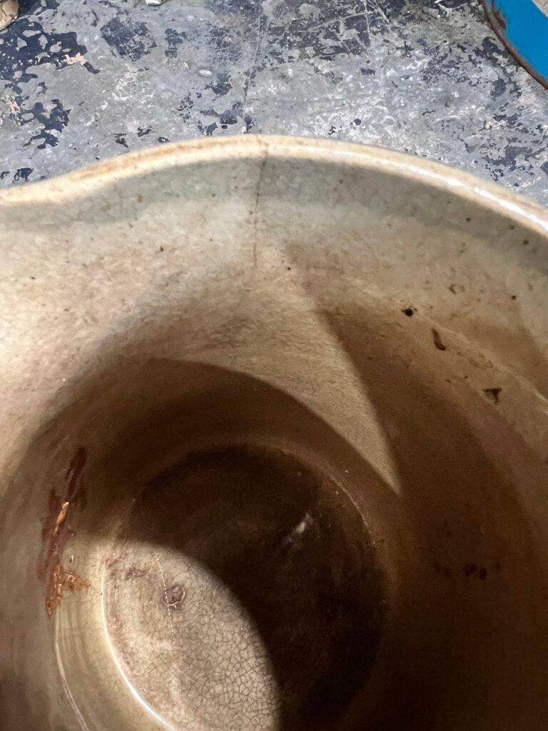 TAN WITH BLUE DEER/FORREST SCENE STONEWARE PITCHER
