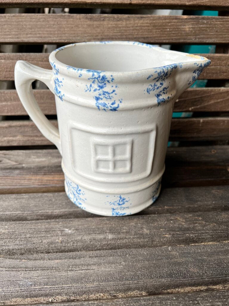 STONEWARE PITCHER BLUE AND WHITE SPONGEWARE WINDOW PANE PRINT