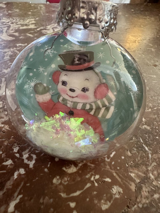 VINTAGE INSPIRED SNOWMAN ORNAMENT W/ SNOW