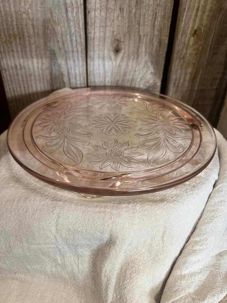 PINK DEPRESSION GLASS SUNFLOWER FOOTED CAKE PLATE