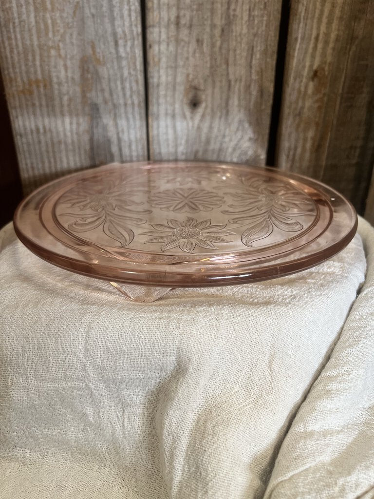 PINK DEPRESSION GLASS SUNFLOWER FOOTED CAKE PLATE