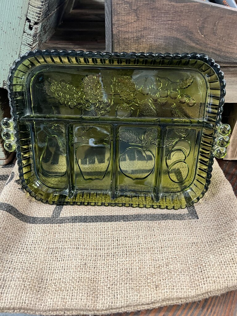 VINTAGE INDIANA GLASS CO GREEN GLASS RELISH TRAY