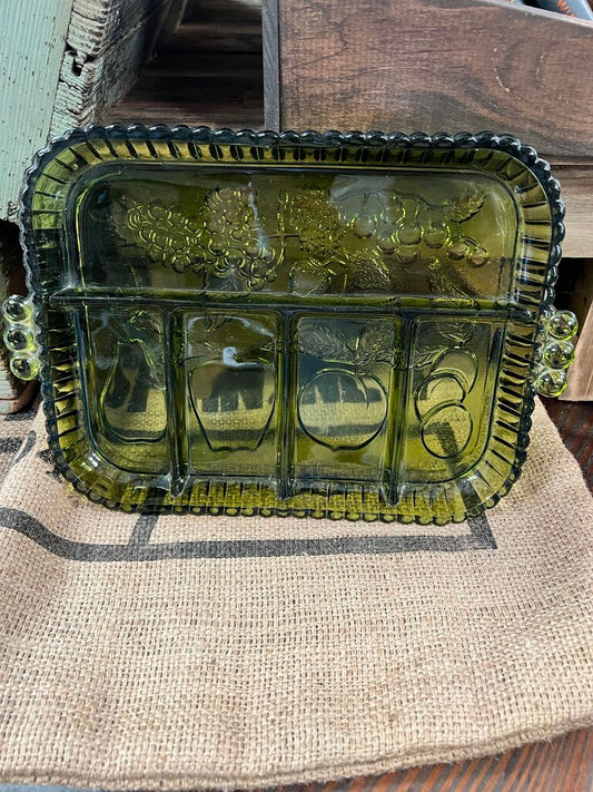 VINTAGE INDIANA GLASS CO GREEN GLASS RELISH TRAY