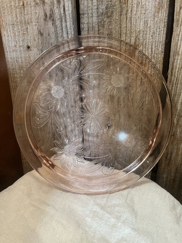 PINK DEPRESSION GLASS SUNFLOWER FOOTED CAKE PLATE