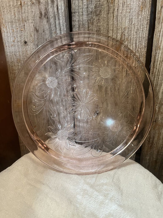 PINK DEPRESSION GLASS SUNFLOWER FOOTED CAKE PLATE